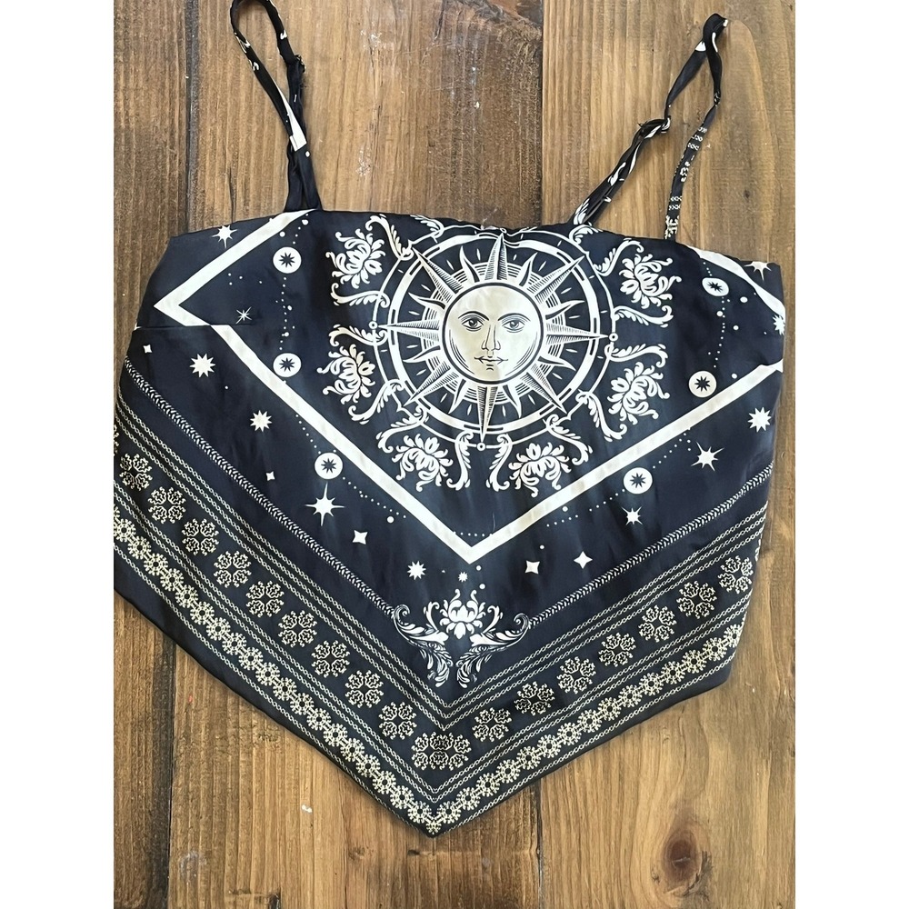 Crave Fame Celestial Sun Star Bandana Handkerchief Crop Top Black White Medium